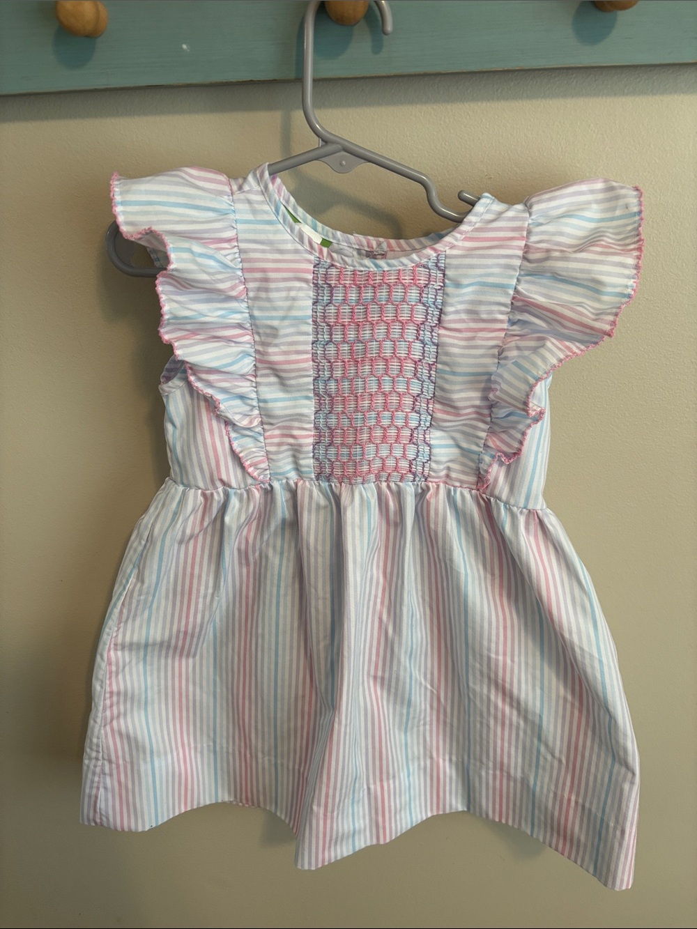 Classic Whimsy size 4 Striped Smocked Flutter-Sleeve Dress - Pastel Pink & Blue
